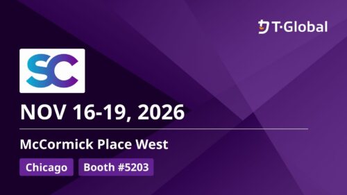 SC26 event banner showing dates November 16–19, 2026, at McCormick Place West in Chicago, with T-Global branding.